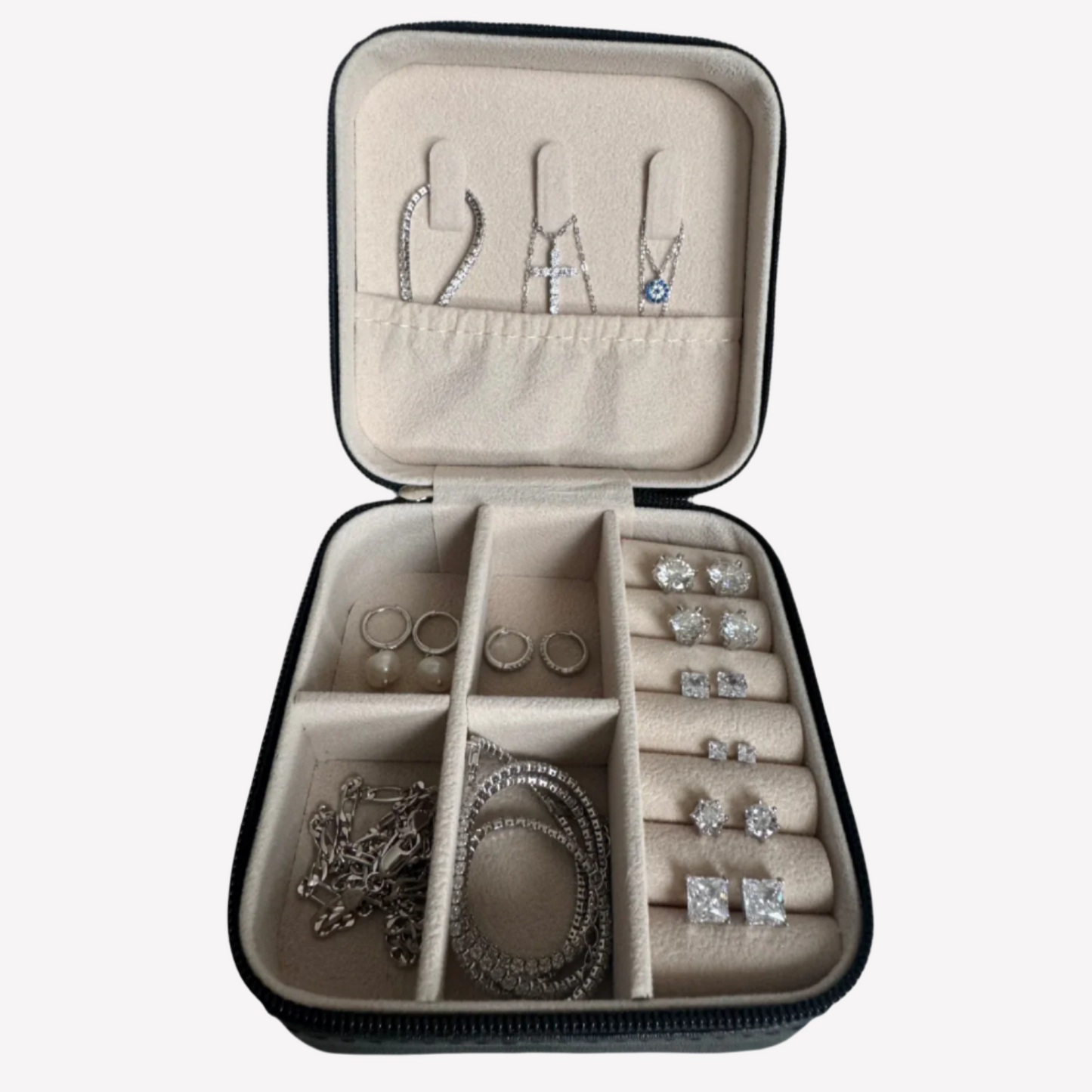 Compact Travel Jewellery Case – Black PU Leather (10cm)