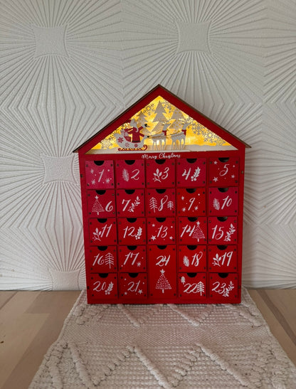 Red Wooden Advent Calendar with Drawers – Reusable Christmas Countdown