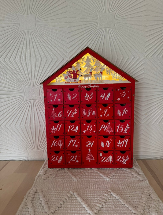 Red Wooden Advent Calendar with Drawers – Reusable Christmas Countdown