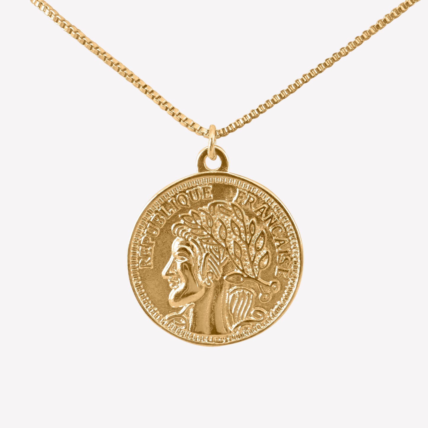 18K gold-plated French coin pendant necklace – vintage-inspired currency charm on elegant chain.