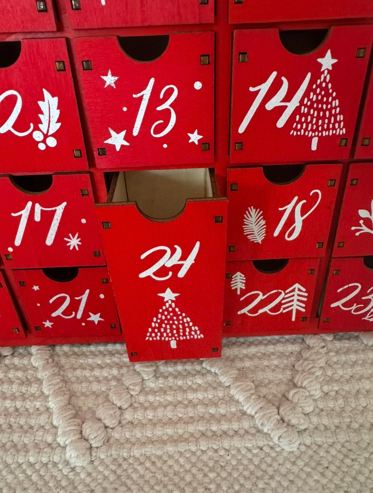 Red Wooden Advent Calendar with Drawers – Reusable Christmas Countdown