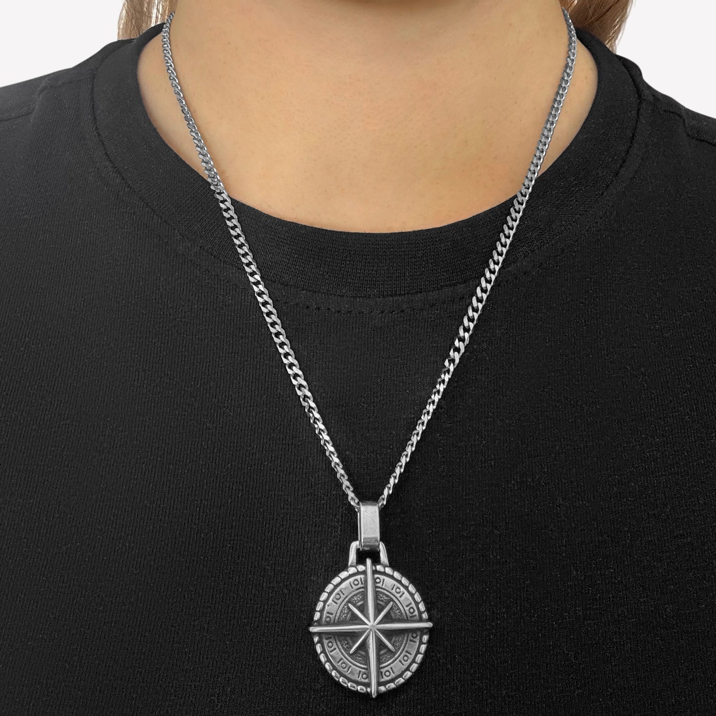 20" Stainless Steel Curb Chain with Compass Pendant