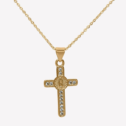18K gold-plated cross pendant necklace encrusted with cubic zirconia – sparkling religious jewellery piece.