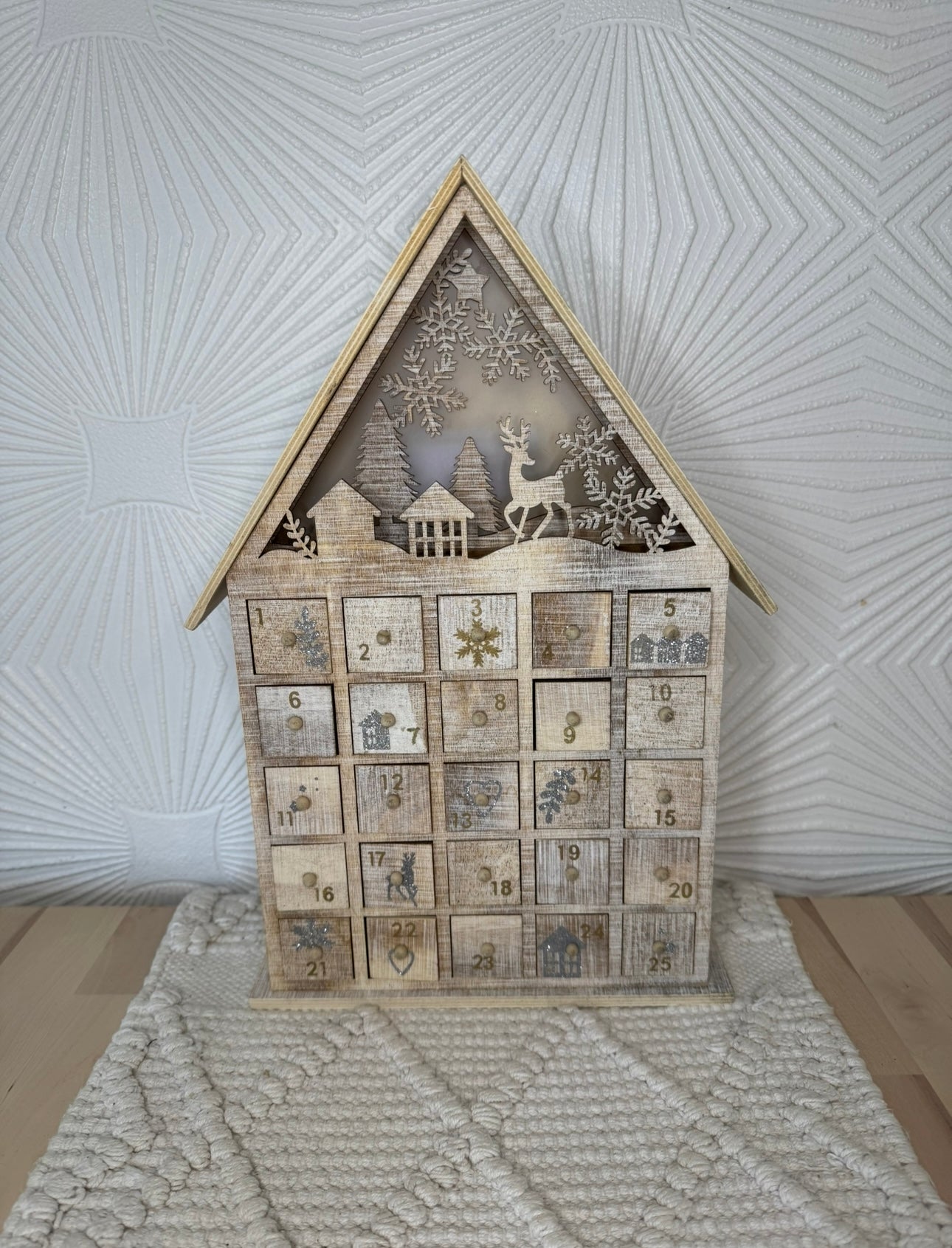 Rustic Wooden Advent Calendar House with LED Lights & 25 Drawers