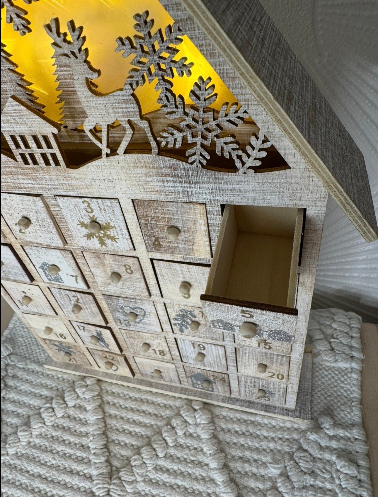 Rustic Wooden Advent Calendar House with LED Lights & 25 Drawers