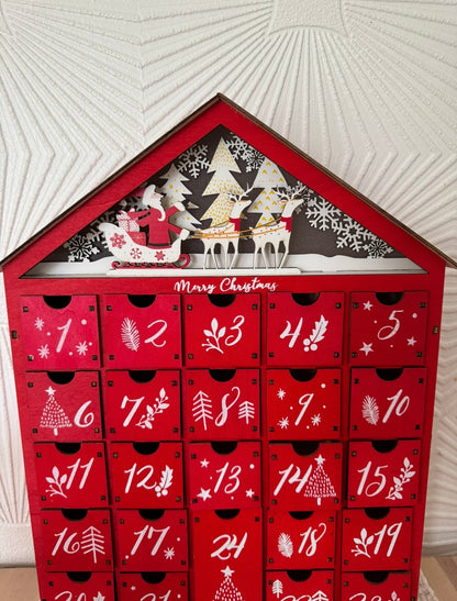 Red Wooden Advent Calendar with Drawers – Reusable Christmas Countdown