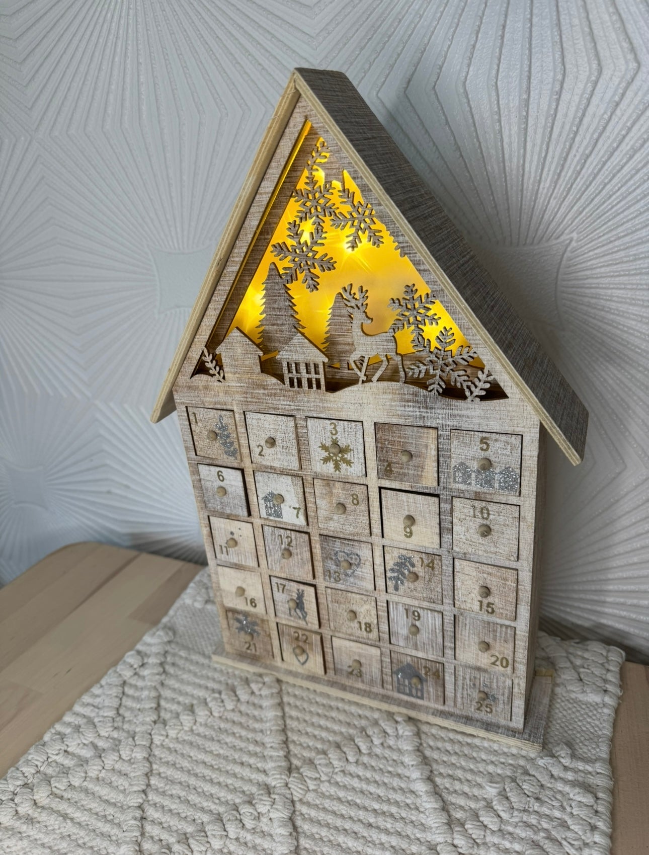 Rustic Wooden Advent Calendar House with LED Lights & 25 Drawers
