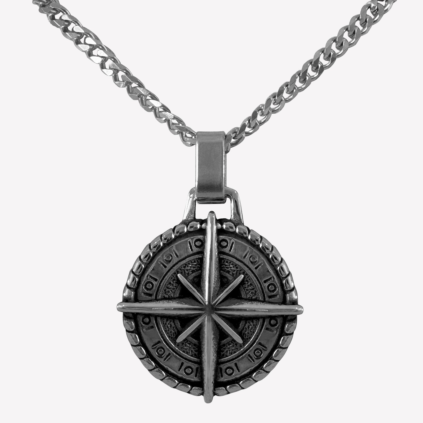 20-inch stainless steel curb chain necklace with compass pendant – directional charm symbolising guidance and purpose.