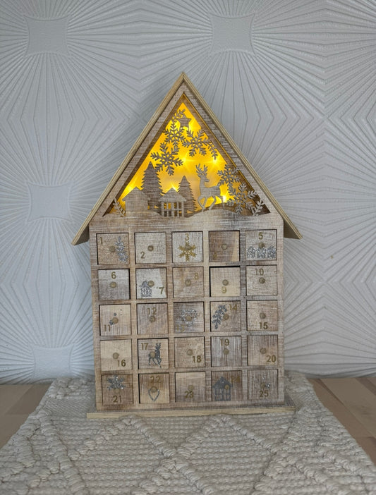 Rustic Wooden Advent Calendar House with LED Lights & 25 Drawers