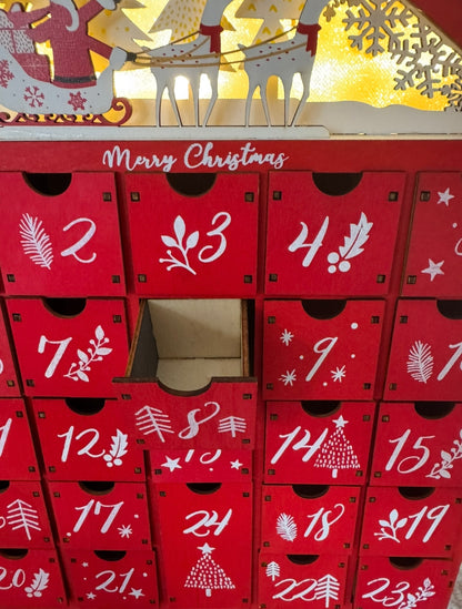Red Wooden Advent Calendar with Drawers – Reusable Christmas Countdown