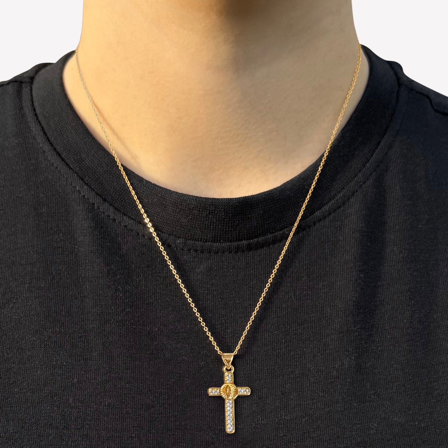 18k Gold-Plated Cubic Zirconia Encrusted Cross Pendant on Chain