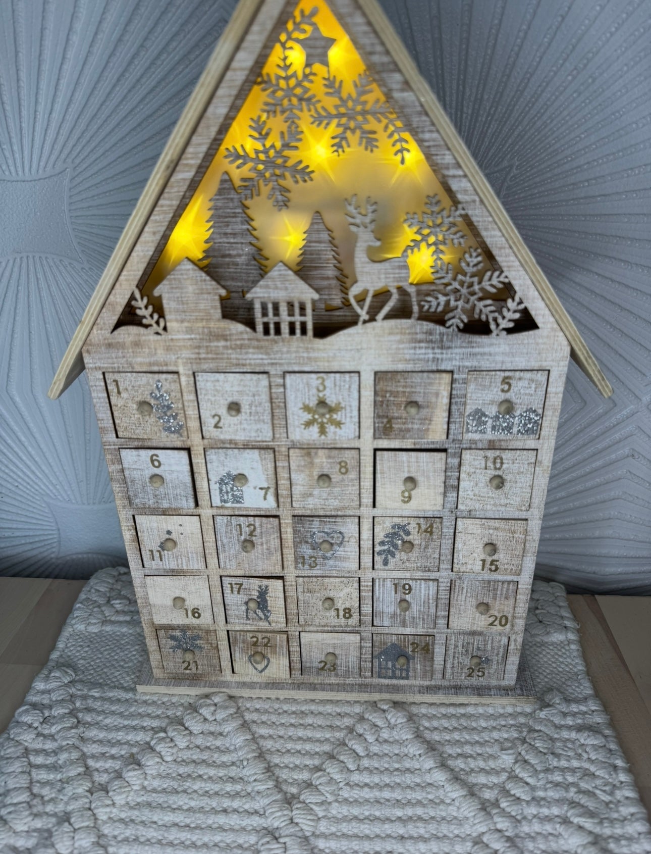 Rustic Wooden Advent Calendar House with LED Lights & 25 Drawers