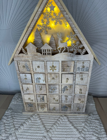 Rustic Wooden Advent Calendar House with LED Lights & 25 Drawers