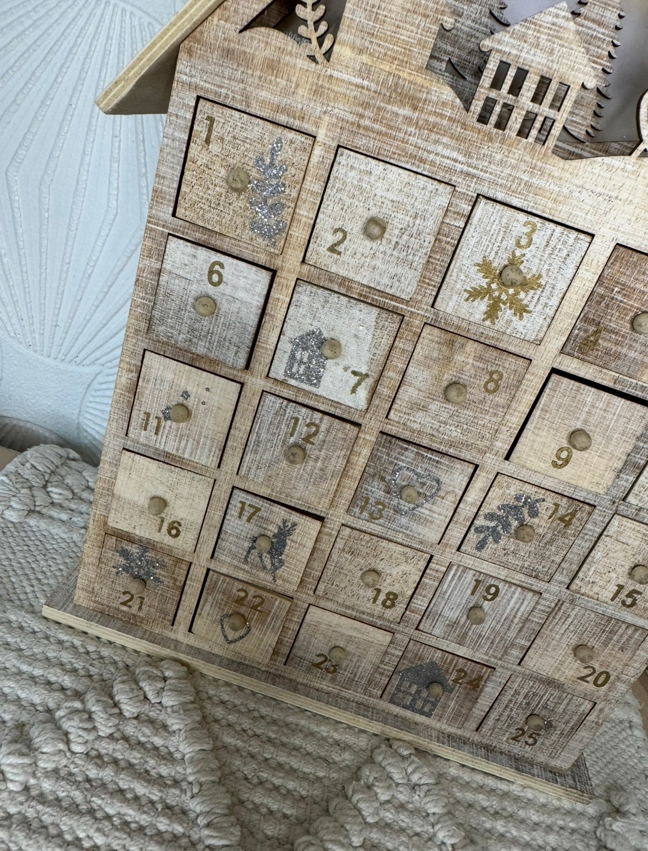 Rustic Wooden Advent Calendar House with LED Lights & 25 Drawers