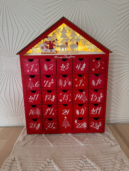 Red Wooden Advent Calendar with Drawers – Reusable Christmas Countdown