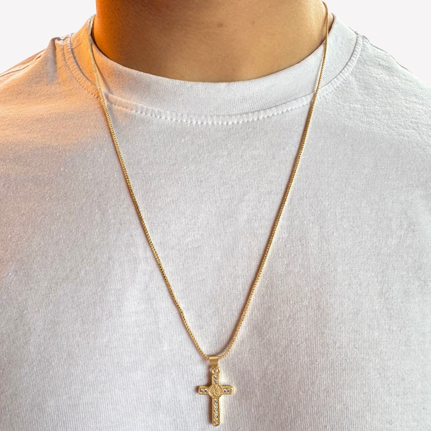18k Gold-Plated Cubic Zirconia Encrusted Cross Pendant on Chain
