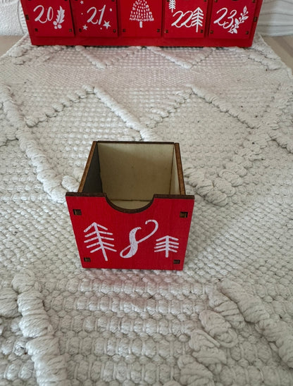 Red Wooden Advent Calendar with Drawers – Reusable Christmas Countdown