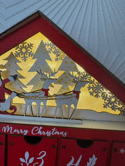 Red Wooden Advent Calendar with Drawers – Reusable Christmas Countdown