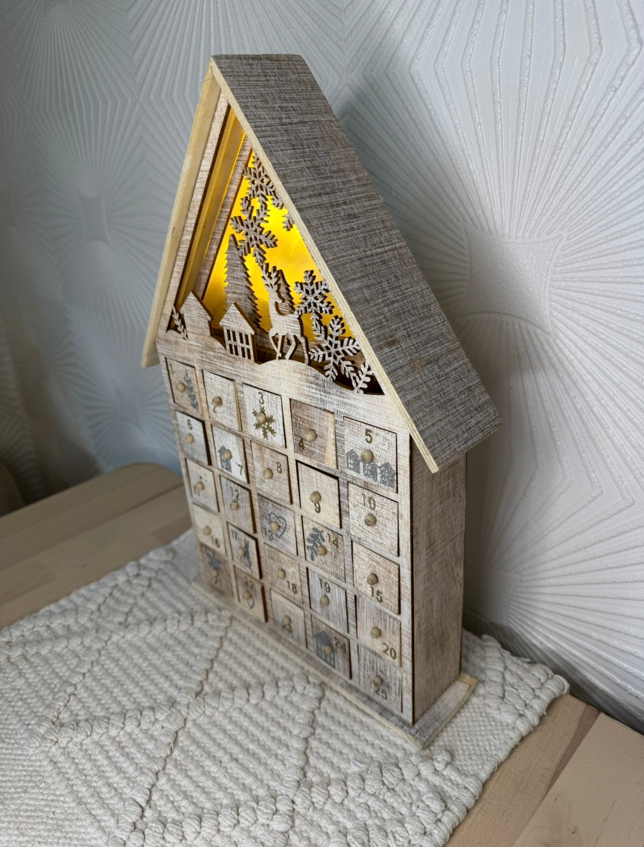 Rustic Wooden Advent Calendar House with LED Lights & 25 Drawers